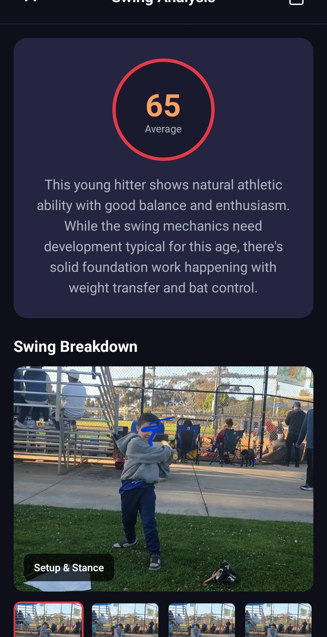 Overall swing score screen showing a 65 average rating